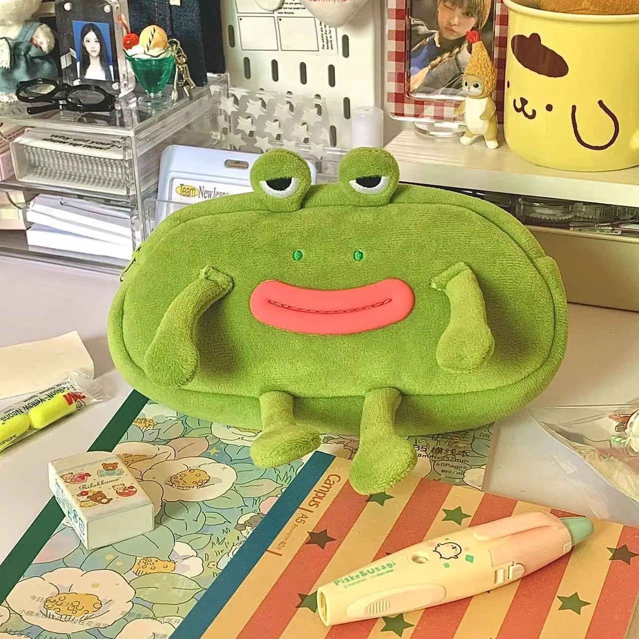 hot selling funny big mouth frog plush pen bag large capacity stationery storage bag organizer boy pencil case for school