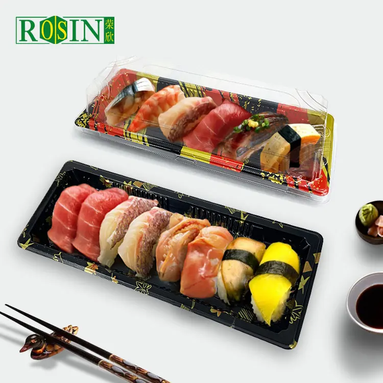 Custom Disposable japanese pack packaging biodegradables takeaway black square container to go box plastic sushi tray with lid