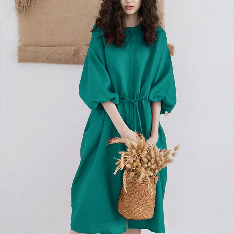 Hot Sale Korean Japan Fashion Cotton Linen Summer Women Dress Casual Puff Sleeve Vestido 2022 Cotton Dress Wholesale