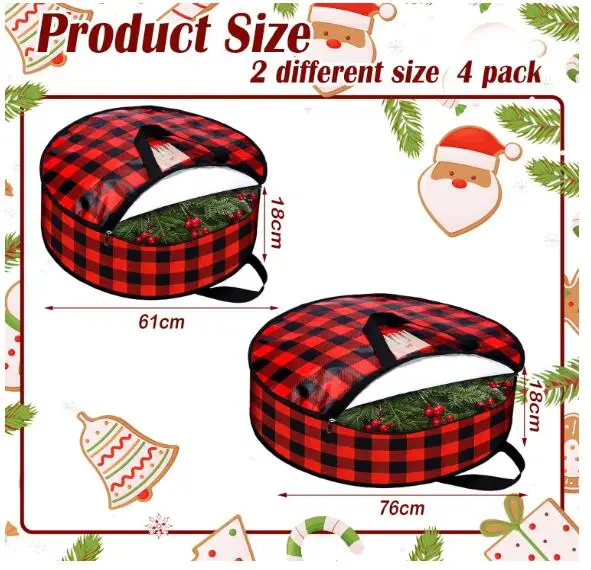 Round Buffalo Plaid Wreath Storage Bag Waterproof Christmas Tree Container