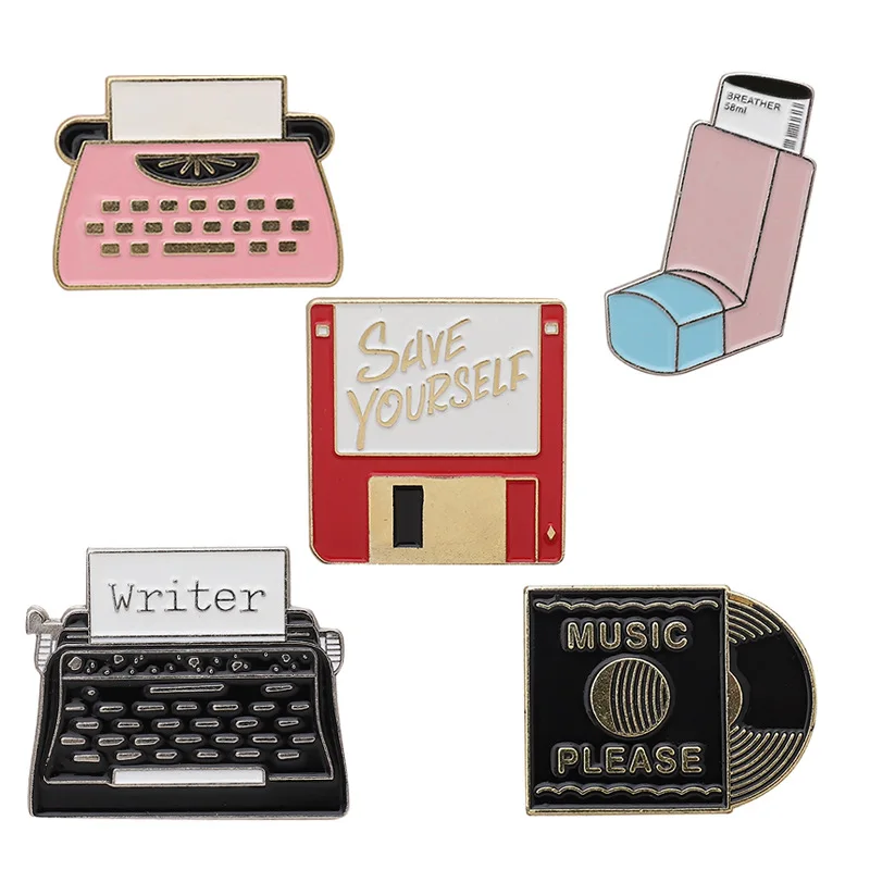 Retro Brooches Enamel Printer Fax Machine CD Record Memory Card USB Fash Disk Pins Clothes Bag Button Pin Badge