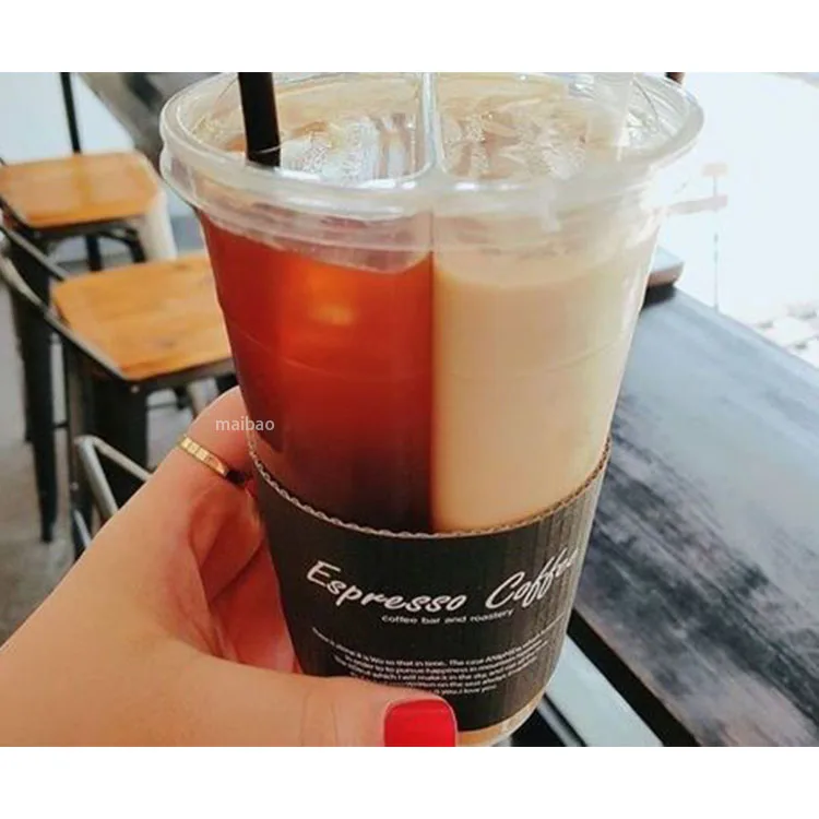 Custom Logo Boba Tea Cups Plastic Twins Share Disposable Split Plastic Cups 16 oz 700ml Fresh Juice Split PP Cup With Two Flavor