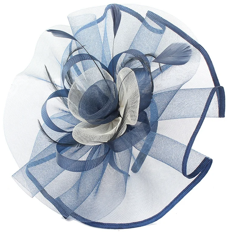 Повязка для волос sinamay женская с перьями, вечерний аксессуар для волос, крупная темно-синяя Вуалетка ручной работы, головной убор