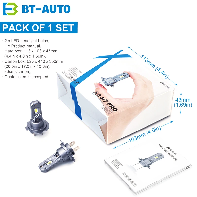 BULBTEK X8 H7 Pro 360 LED Light Canbus Ampoule 6000K 6500K 100W Halogen Replacement Mini Auto Car Lamp LED Headlight Bulb For VW