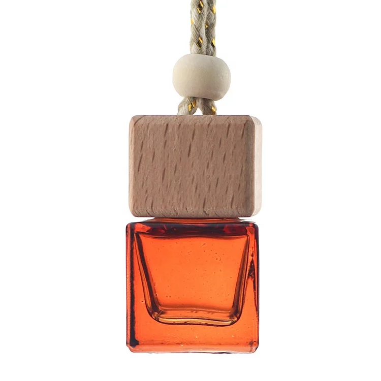 Custom Design Square Amber Car Hanging Glass Perfume Diffuser Bottle with Wooden Cap Hanging Car Perfume Glass Bottle