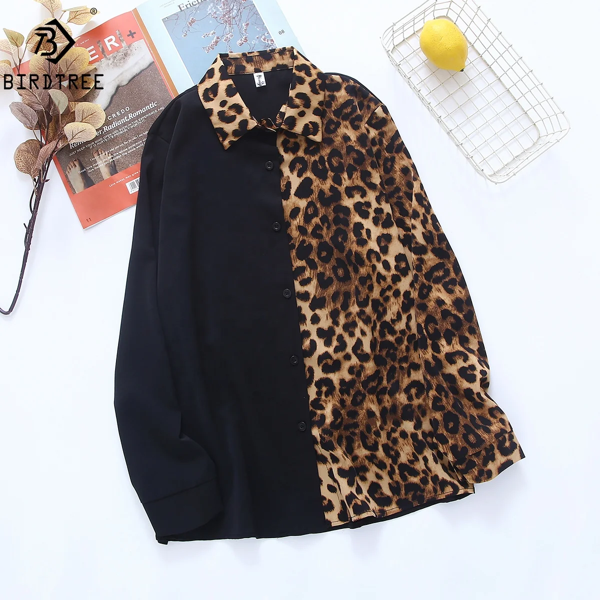 Wholesale Chiffon Shirts Spring New Women Leopard Printing Turn-Down Collar Patchwork Button Up Blouses Tops T25301X