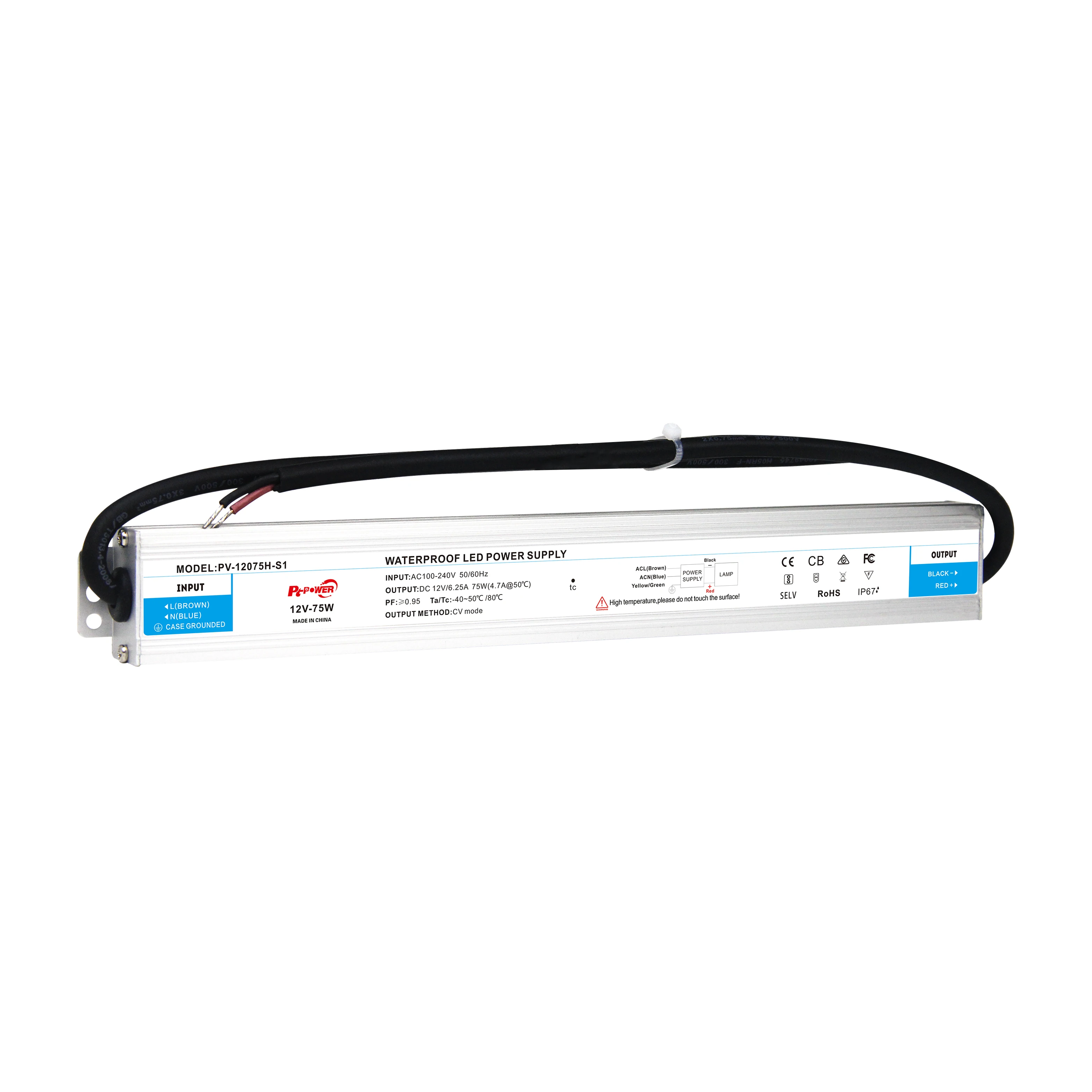 Тонкий водонепроницаемый IP67 PFC 36W 75W 100W Вход 100-240V AC to DC Оптовая цена 12V 24V Светодиодный драйвер для светодиодной ленты