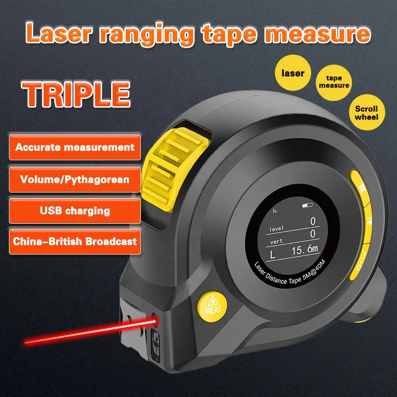 3 in 1 5m 40M multi function LCD display USB chargeable laser distance digital measuring tape