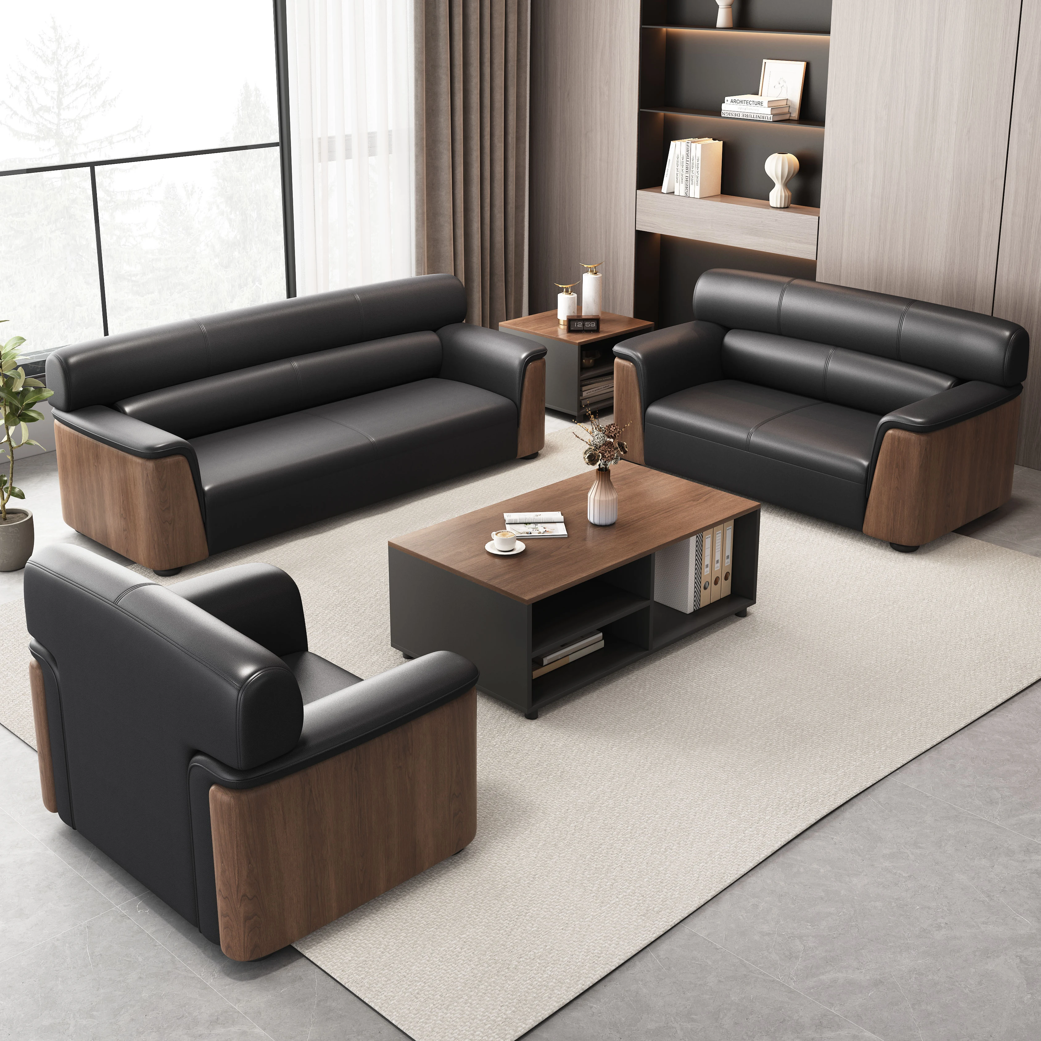 High back black leather middle size sofa for four seater with wooden base for home office and office building