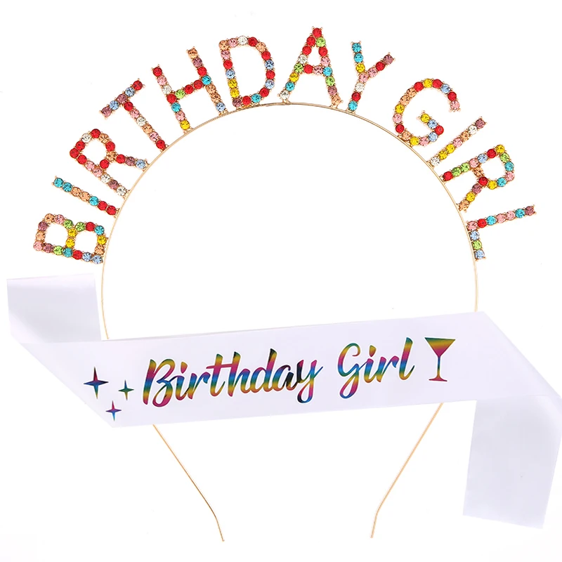 
New Fashion Rhinestone Birthday Girl beadband And Birthday Girl Sash set New Glitter belt Birthday Party Decorations Supplies 
