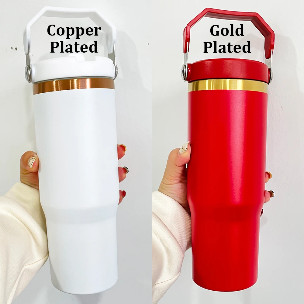 USA warehouse double walled stainless steel vacuum insulated gold copper plating 30oz flip top straw tumbler for laser engraving