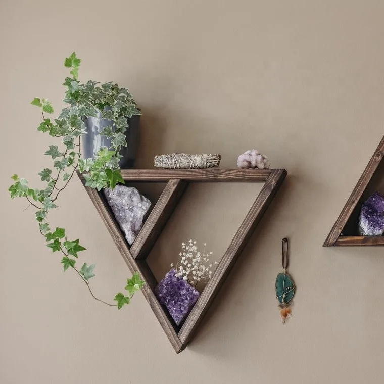 
Wood Moon Triangle Shelf Wood Triangle crystal Shelf Set of 2 