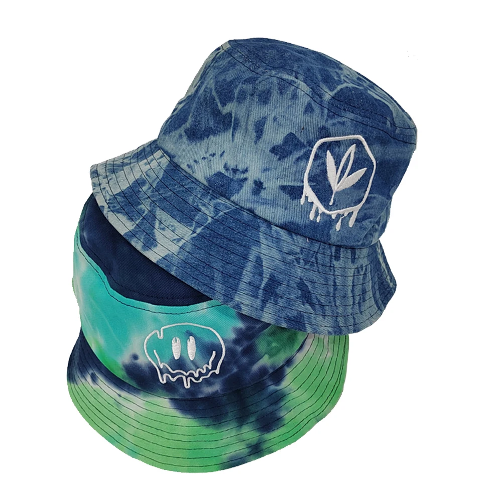 Custom Denim Tie-Dye Bucket Hat Unisex Wholesale Sportsman Washed Hat with Embroidered Logo Printed Pattern for Men and Women