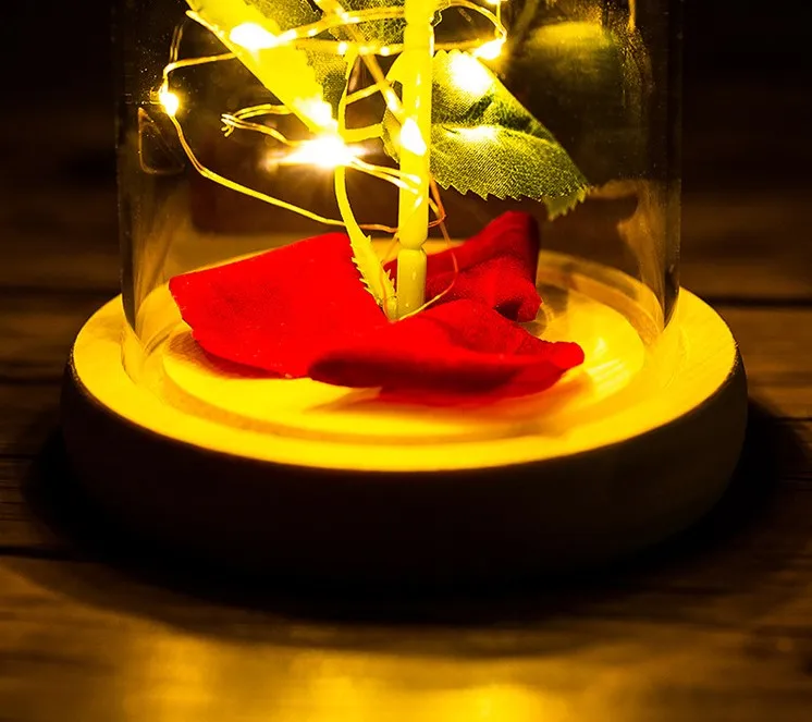 Christmas Rose Gift Decor Enchanted Rose Led Lamp Artificial Red Silk Rose Flower in Glass with Led light Romantic Gift