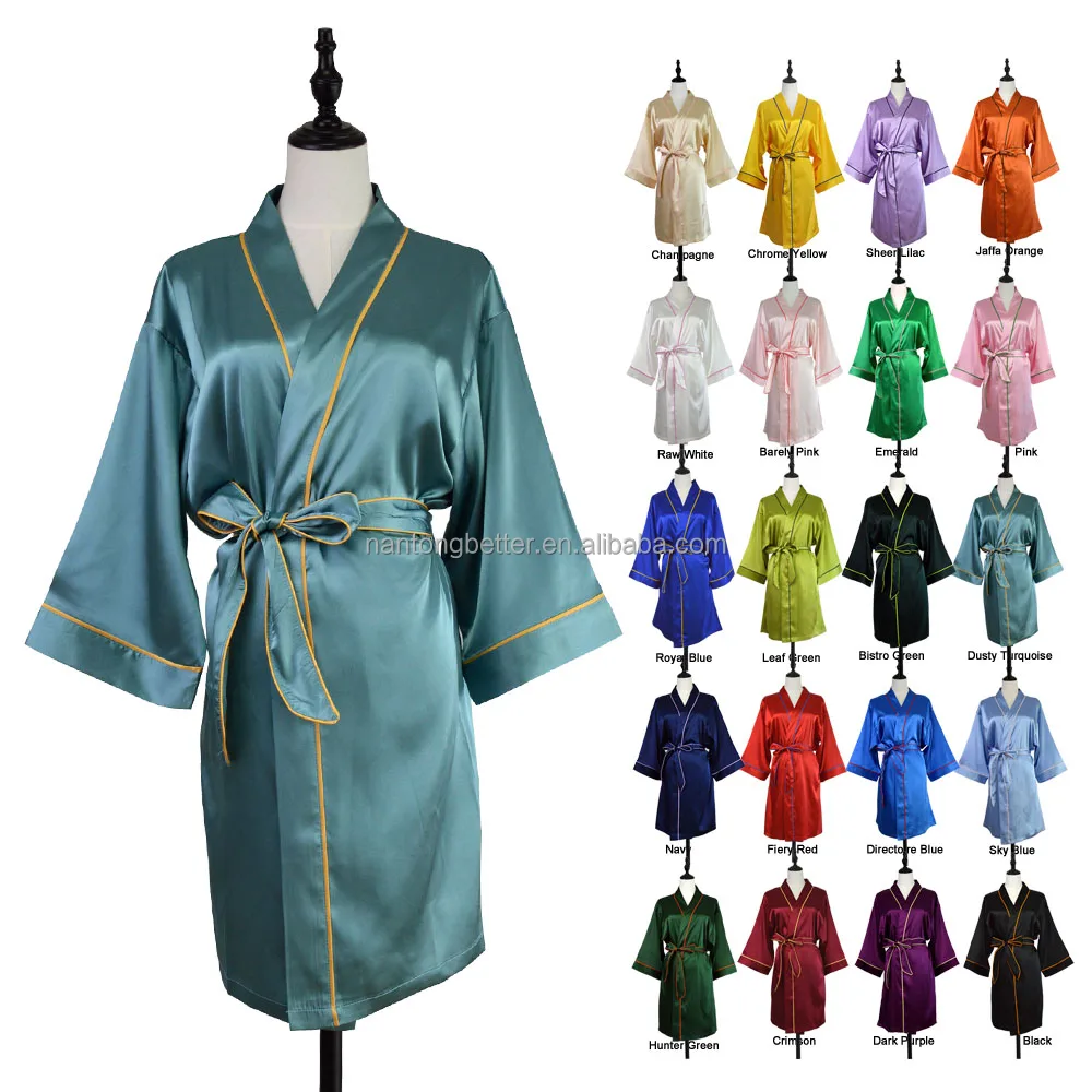 Elegant High Quality Knee Length with Piping and Pockets Women Design Silk Satin Kimono Robes Dress Gown