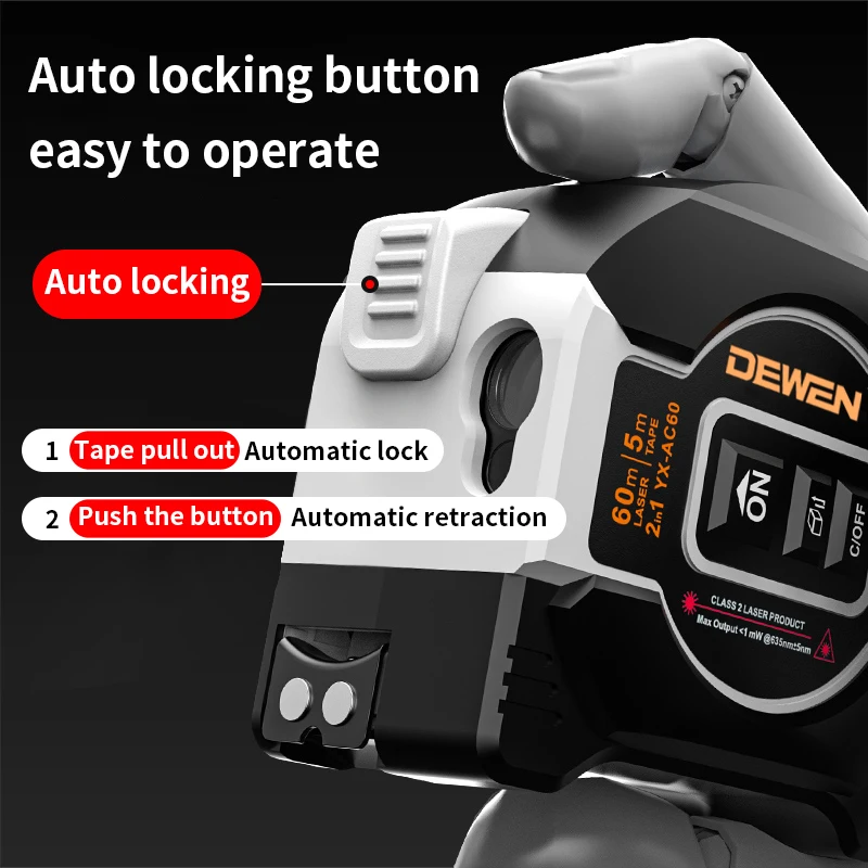 DEWEN 3 in 1 Laser Measuring Tape 60m Laser Light with Digital Screen Cross Leveling Function Laser Measurement Tape Machine