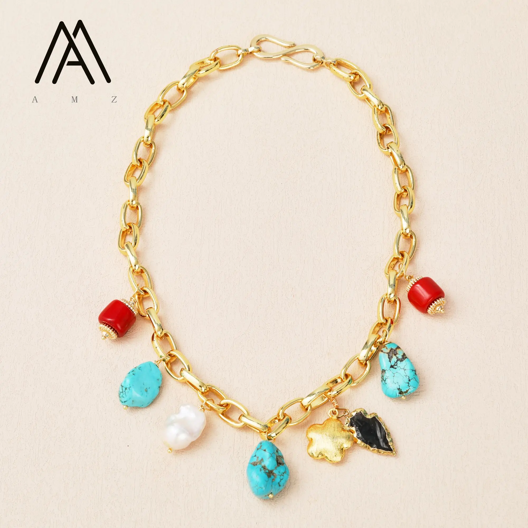 Trendy 20Inches High Quality Chain Necklace with Pearl Turquoise Pendants Gold Plated Jewelry
