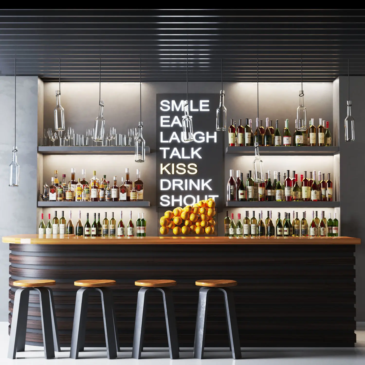 Customizable stainless steel wine rack/wall mount shelf for commercial bar cocktail station