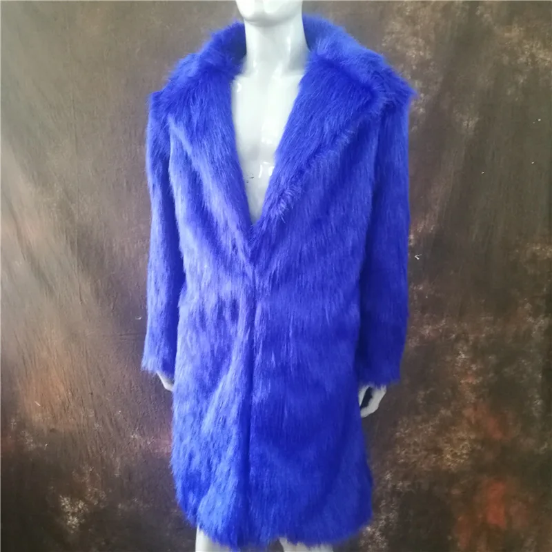Men Thick Fuzzy Solid Hot Pink Grey Black Faux Fur Coat Warm Winter Long Turn-down Collar Jacket