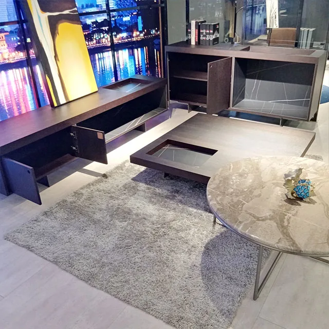 Premium living room furniture: round cozy small coffee table creates a comfortable interior