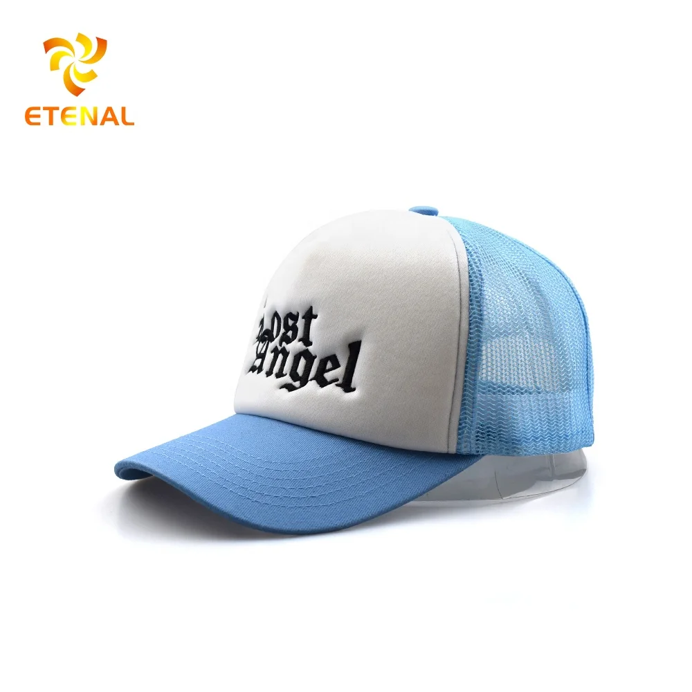OEM ODM Hat Factory Wholesale Custom Embroidered Logo Mesh Cap Blue White Two Tones Foam Trucker Hats