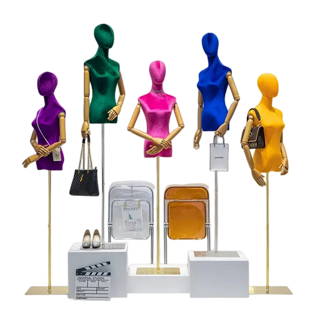 Window Clothing Fashion Female Half-Body Mannequins Dummy Models Woman Adult Velvet Dress Form Lady Mannequin with Wooden Arms