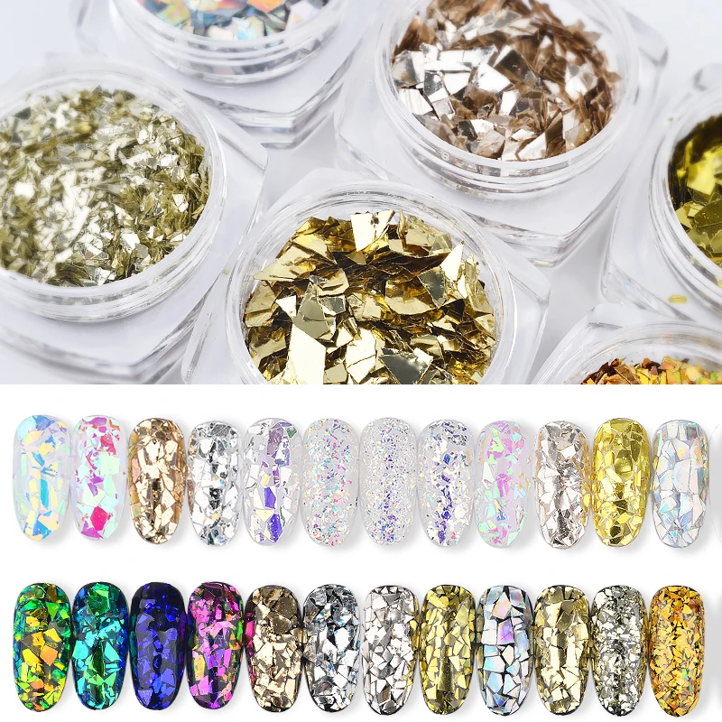 6Pcs Holographic Nail Glitter Sequins Set 3D Irregular Broken Glass Nail Art Foils Flakes Aurora Colorful Manicure Decorations