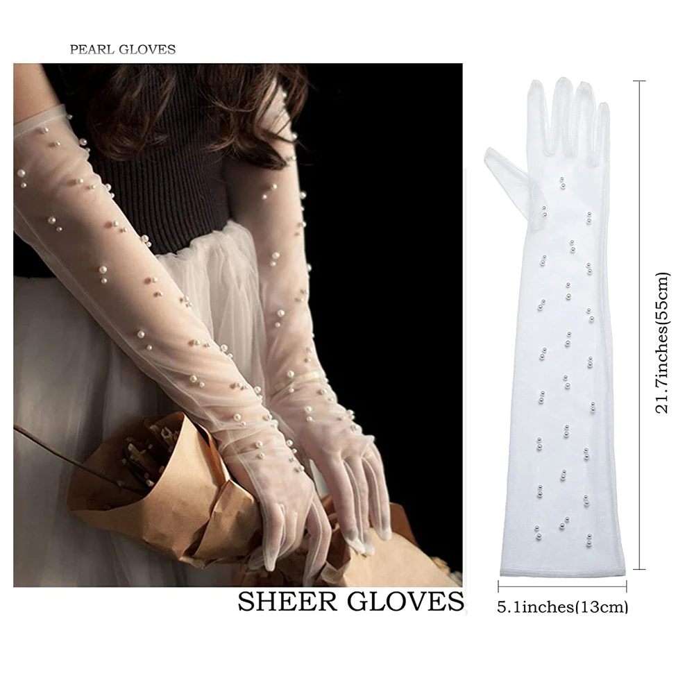Opera Evening Party Sheer Brides Gloves Pearl Women Wedding Long Tulle Bridal Gloves White Finger Lace Gloves