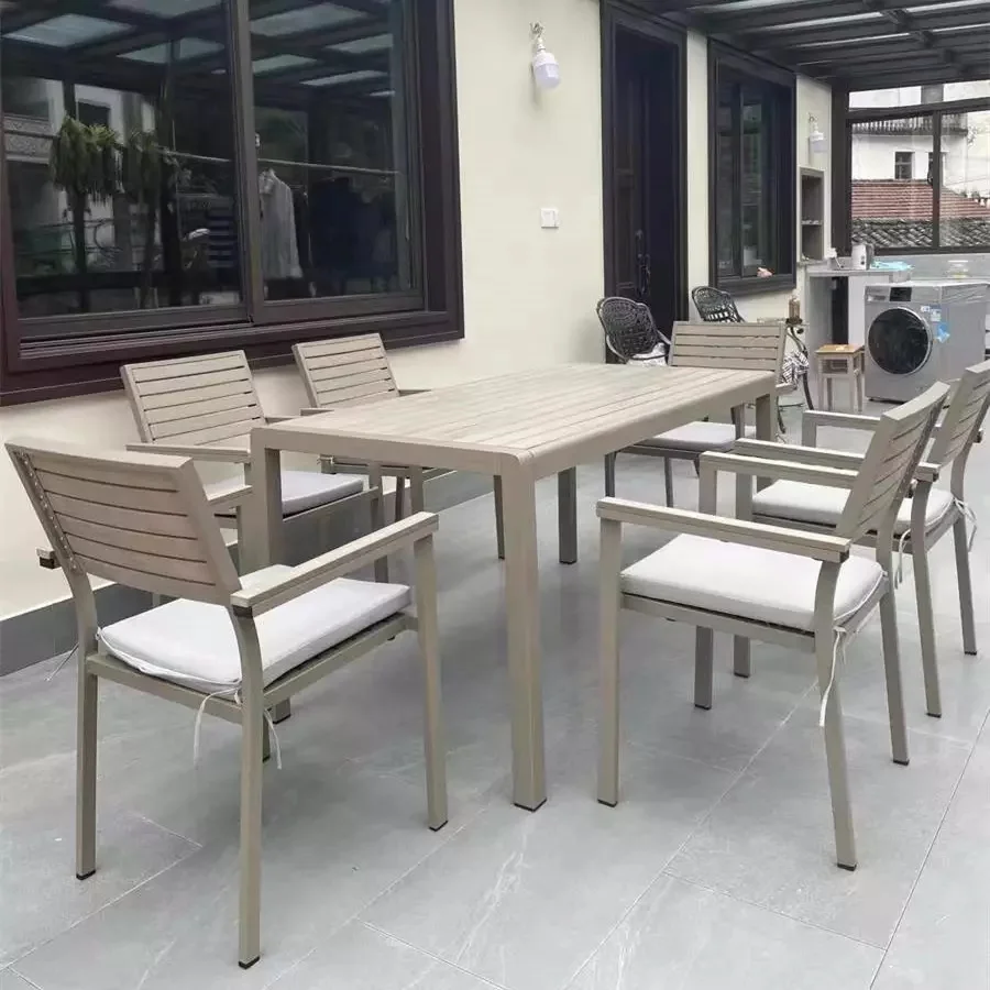 Wholesale Outdoor dining wood table aluminum frame table and 6 chair set garden patio furniture set