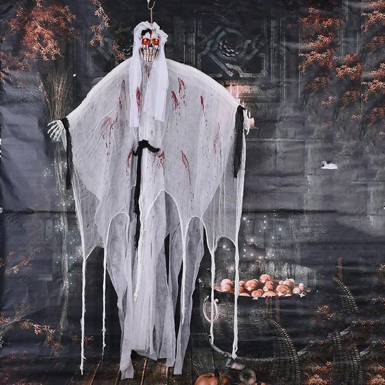 Halloween Hanging Ghost Large Life size Halloween Prop Skull with LED Glowing Eyes and Creepy Shrilling Sound Scary Grim