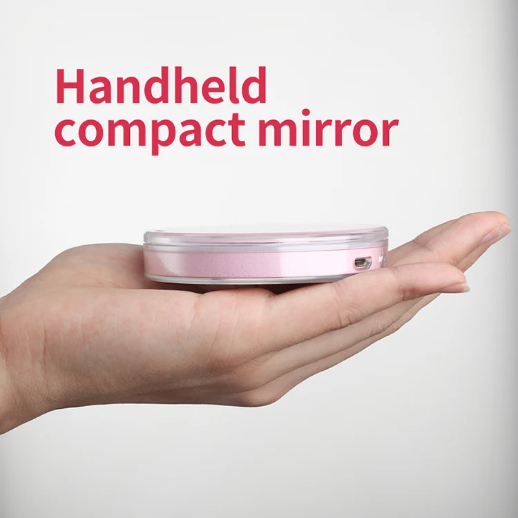design unique makeup mirror mini length compact round pink foldable dual sided led mirror with light for bedroom