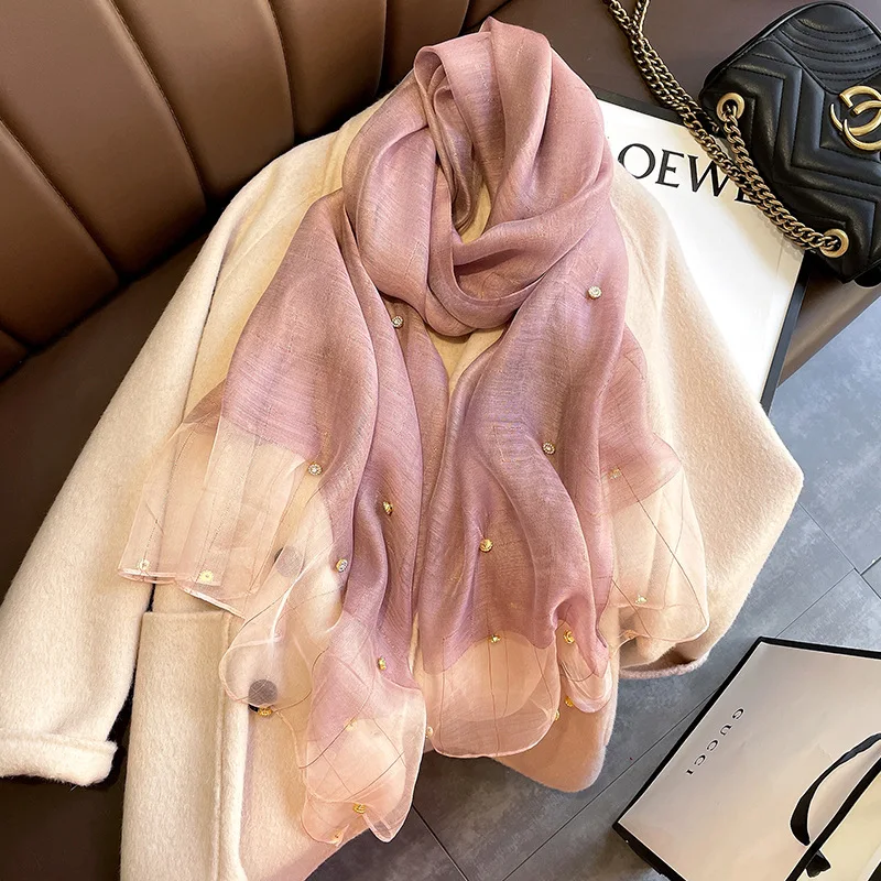 Solid Color Acrylic Long Gold Silk Sequin Scarf Summer Shawl White Pure Silk Scarf For Women Stylish