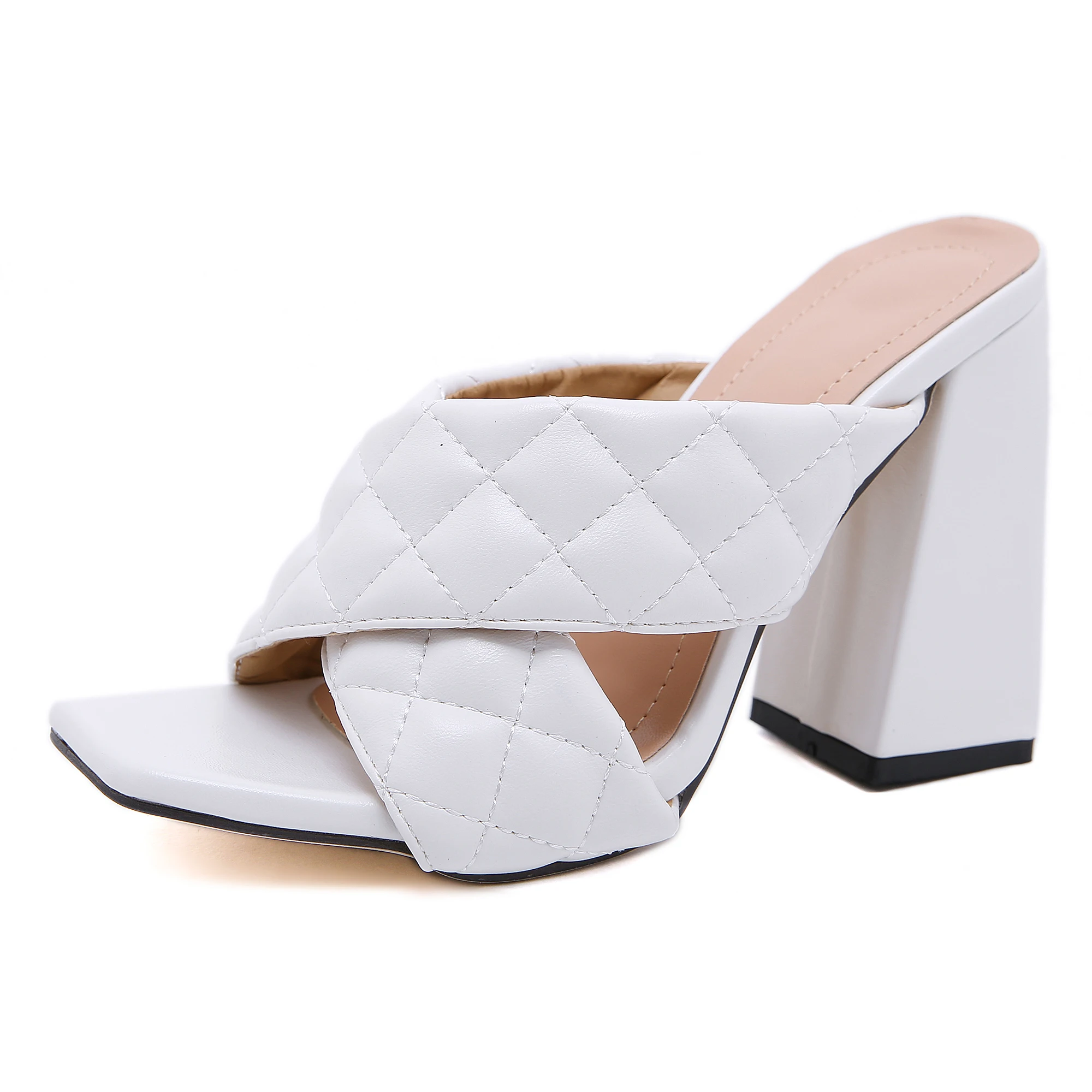 
100763 ISEEYOUFIRST shoes women New Style Square Head Plaid Thick Heel Cross Sandals High Heels White Black Pink 