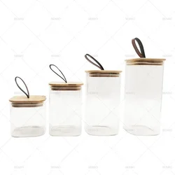 Square Transparent Airtight Borosilicate Glass Food Storage Jar with Acacia Wood Hand Lid for Candy Tea Coffee Bean