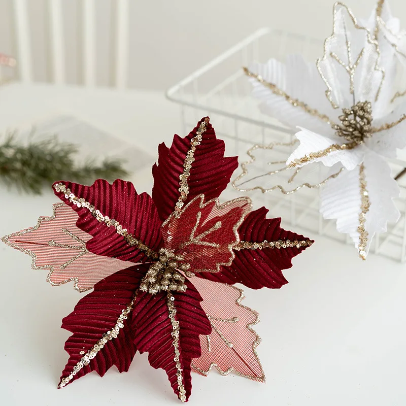 LS-542 Christmas Ornaments Red Glitter Poinsettias Flower for DIY Xmas Wreath Holiday Home Party Decor