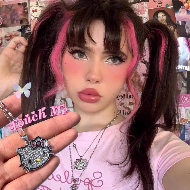 New Shiny Sanrio Hello Kitty Pendant Necklace for Women Exquisite Clavicle Chain Full of Diamonds Necklaces Jewelry Gift