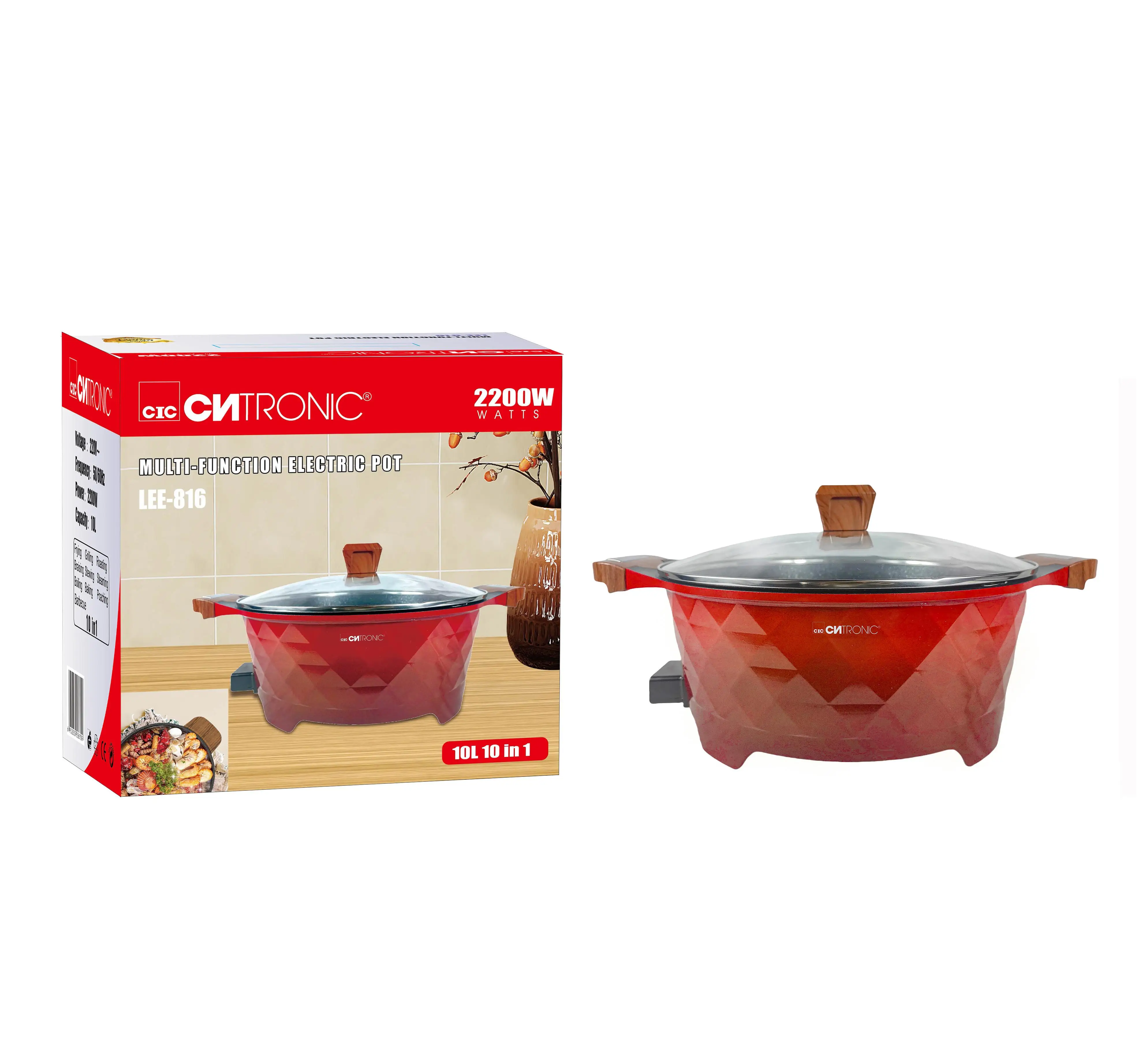 CIC 10L Hot Selling round Aluminum Die-Cast Electric Skillet Non-Stick Double-Ear Soup Pot Glass Lid Temperature Control