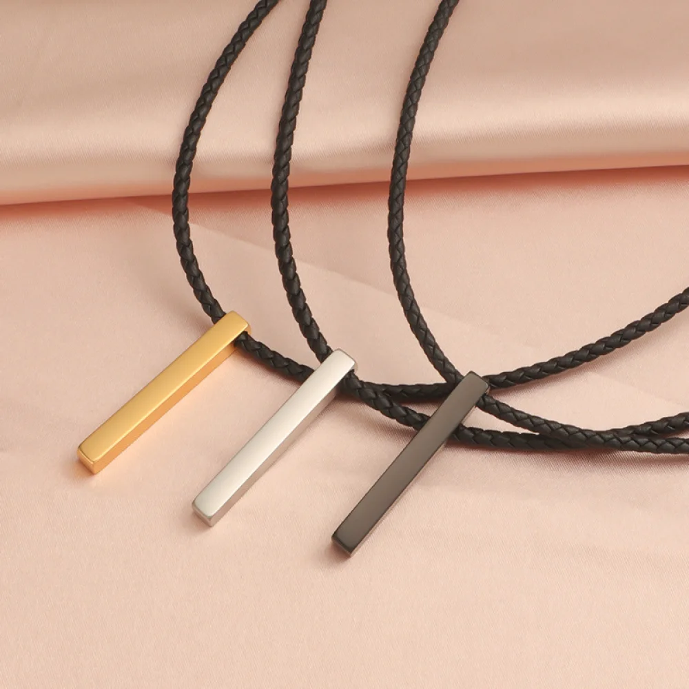 Custom Jewelry Colares Personalizados Braided Leather Chain Blank Engraved Stainless Steel 3D Vertical Bar Necklace