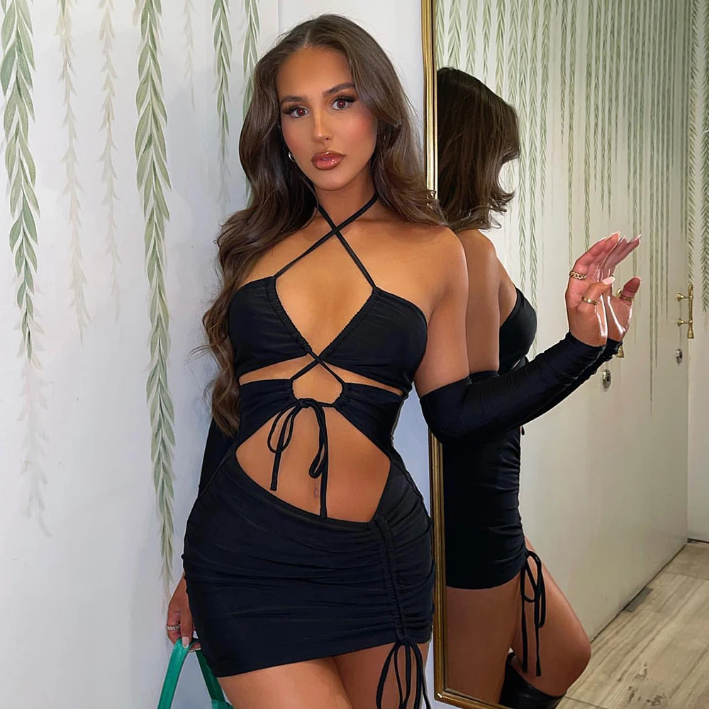 Summer Women Halter Long Sleeve Mesh Split Bandage Hollow Out Mini Dress 2 Piece Set Women Skirt Sets