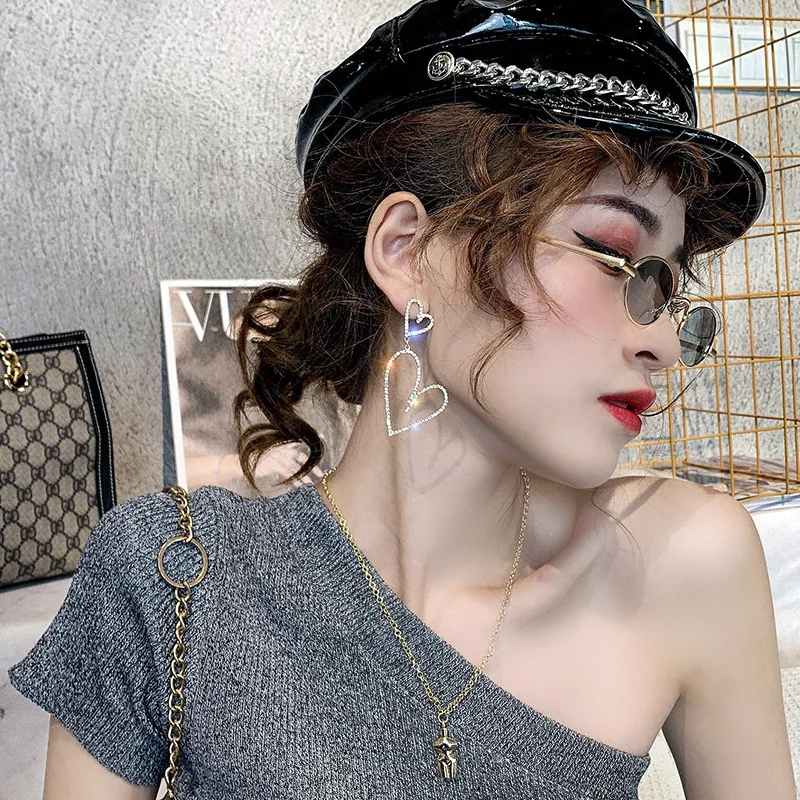Big Rhinestone Heart Dangle Earrings Korean Style Full Rhinestone Crystal Bling Bling Earrings for girl