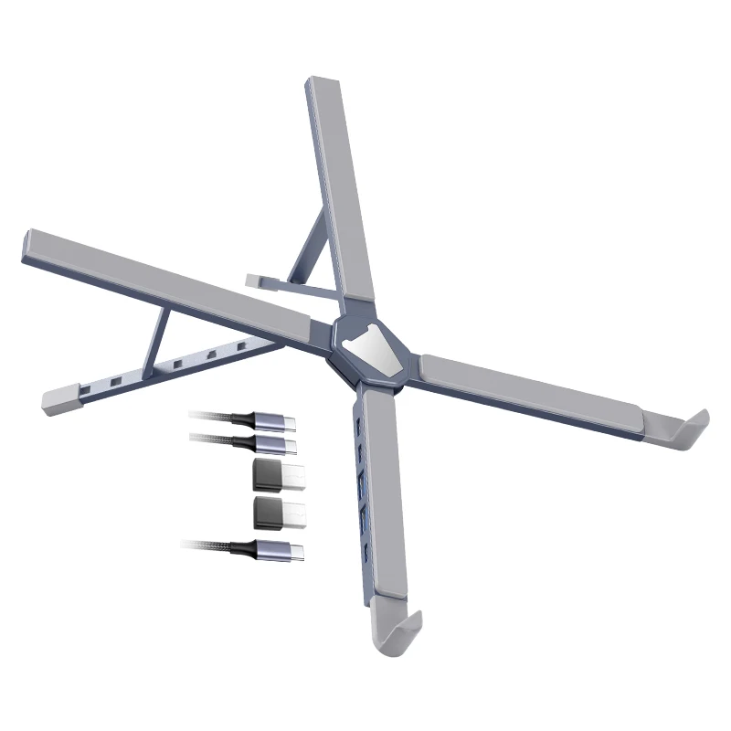Aluminum Alloy Portable And Foldable Laptop Stand with 5 Port USB Hub Adjustable Laptop Riser
