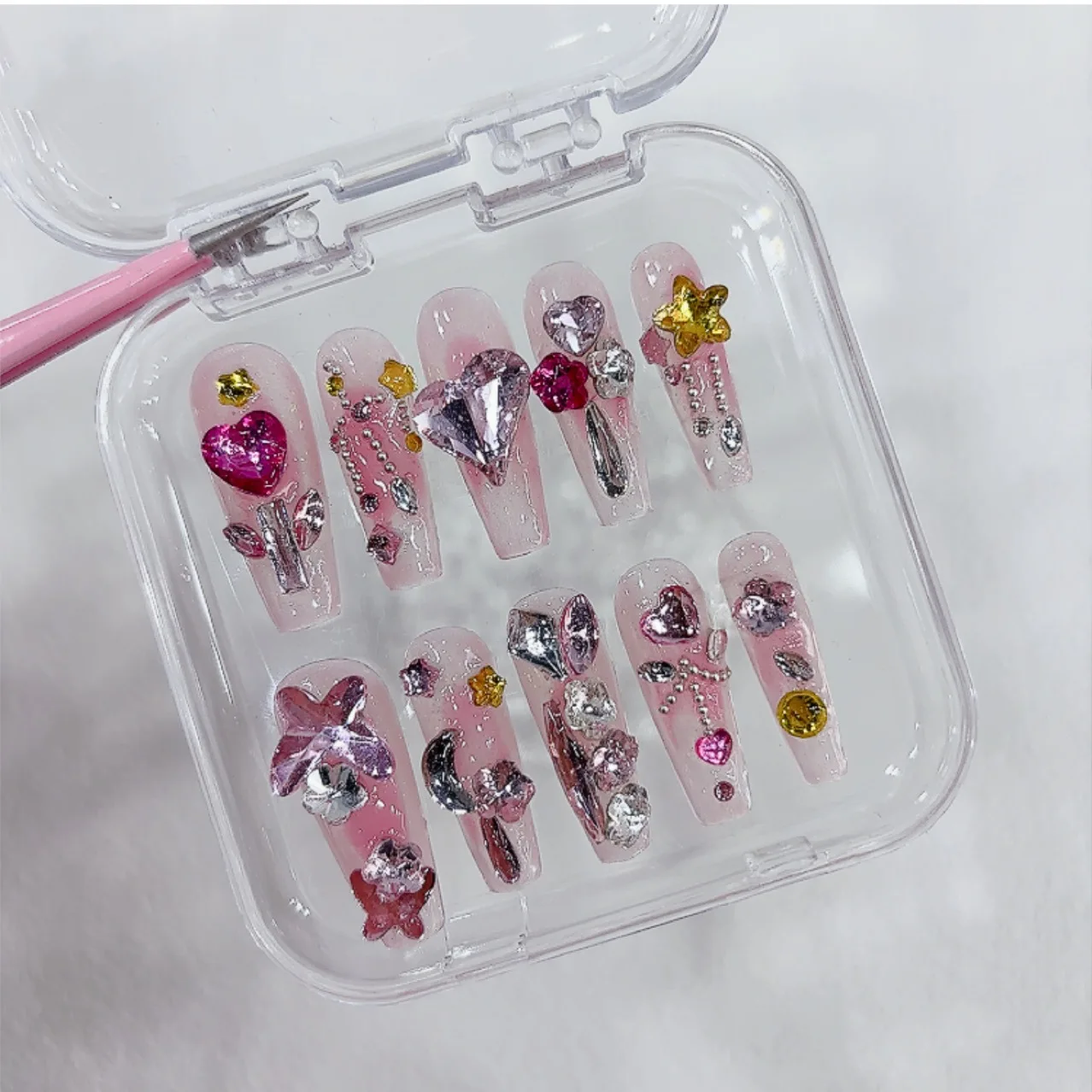 New Arrival 10PCS Handmade Nails Long Coffin Full Cover False Nails Rhinestone 3d Press on nails for Women And Girls