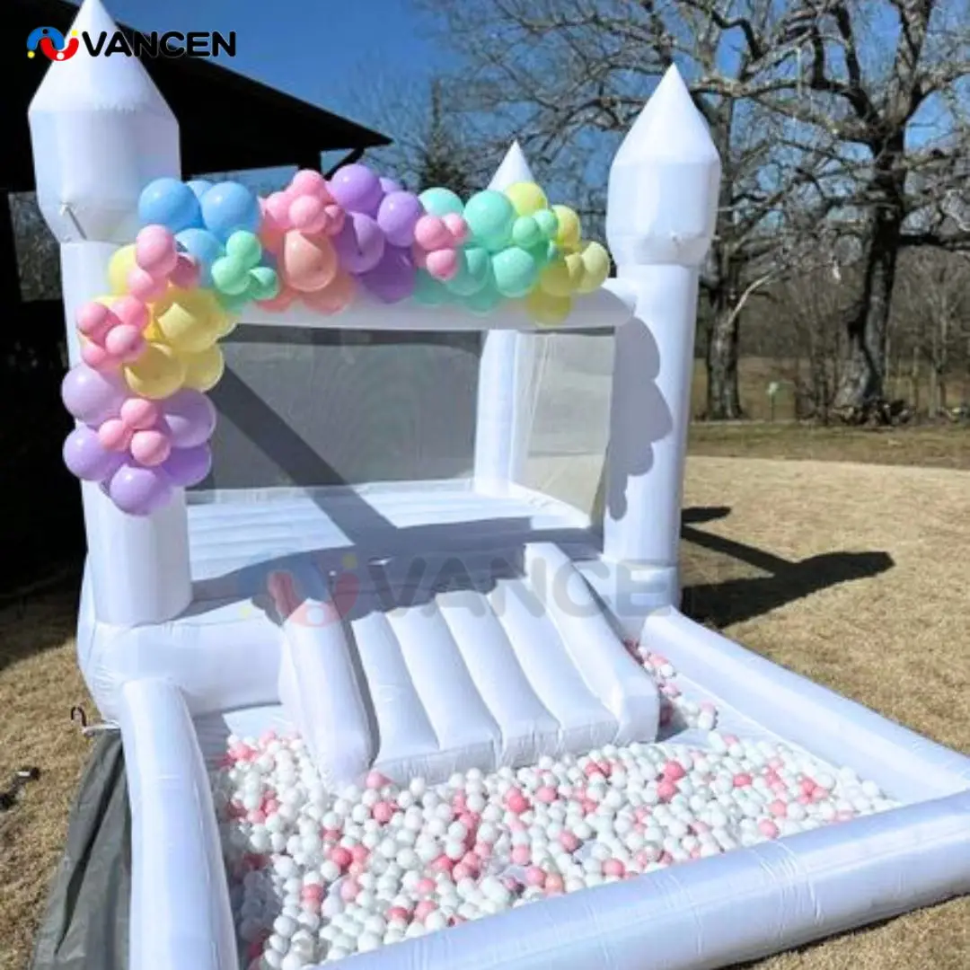 8x13x8ft Kids White Bounce House Inflatable with slide and ball pit with Oxford Fabric toddler Bounce house for Soft play party