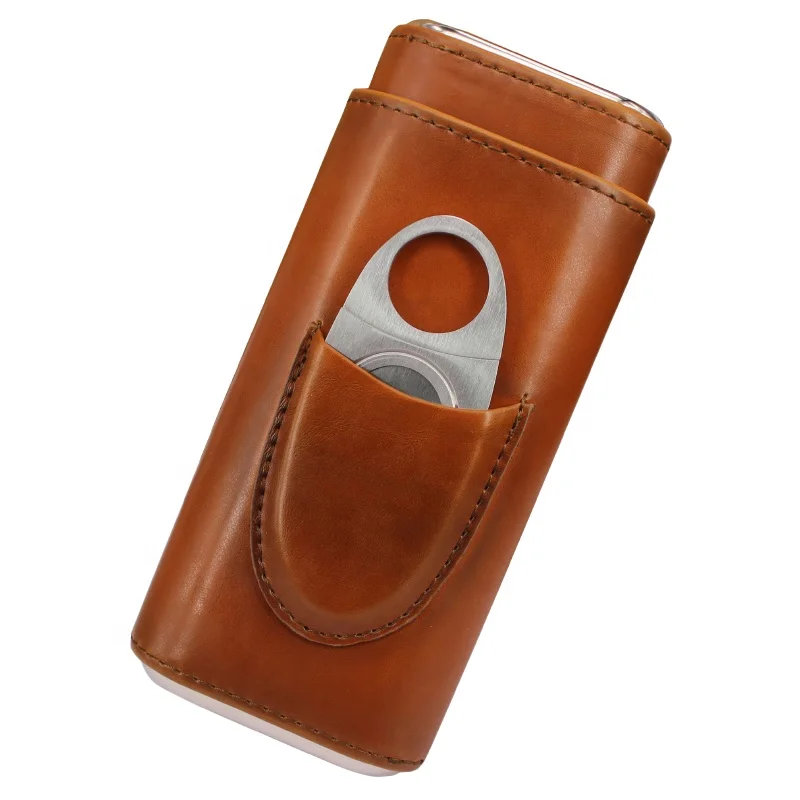 New Premium 3- Finger Brown Lined Leather Travel Cigar Cases Humidors Cedar Wood Cigar case bag stainless Cigar cutter