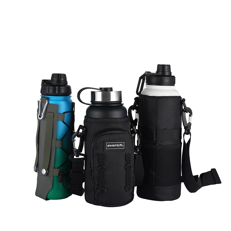 Water Bottle Carrier Bag, Bottle Pouch Holder, Adjustable Shoulder Hand Strap 2 Pocket Sling Neoprene Sleeve Sports Water Bottle