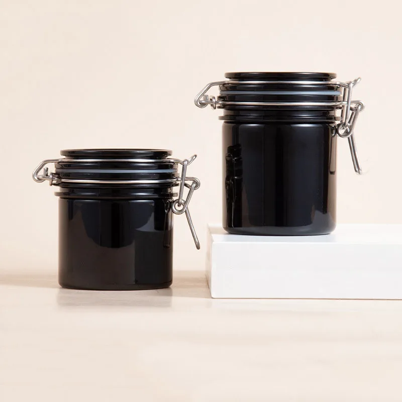 Spot 200ml Round Black Plastic Bottle Metal Buckle Leak-proof Sealed Jar Small Portable Mask Cream Packaging Bottle YGH1118