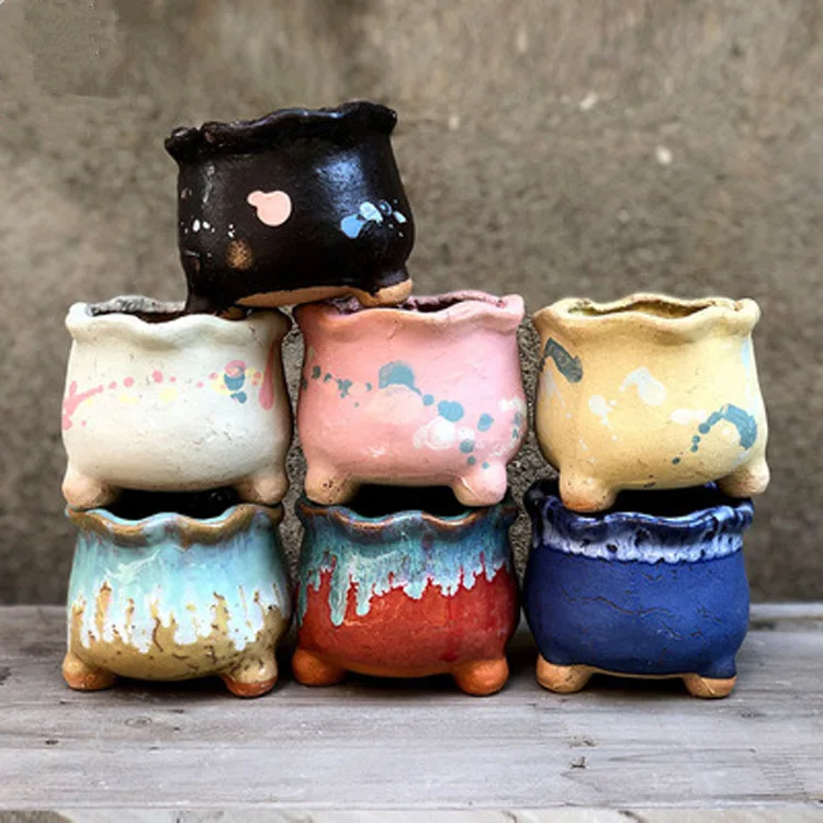 Wholesale cheap large diameter succulent flower pot with feet breathable retro handmade coarse pottery planter ceramic plant pot