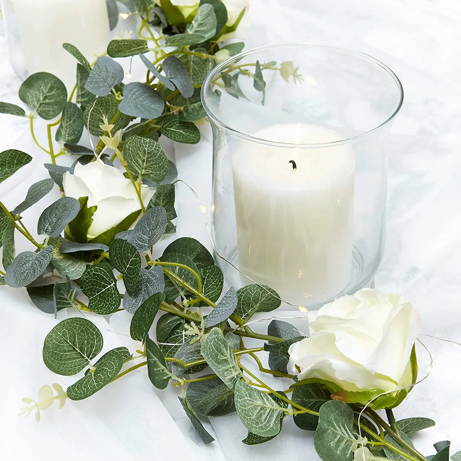 Artificial Eucalyptus Garland with White Roses - Flower Garland - Great for Wedding Backdrop Wall Kitchen Wedding Dinner Decor