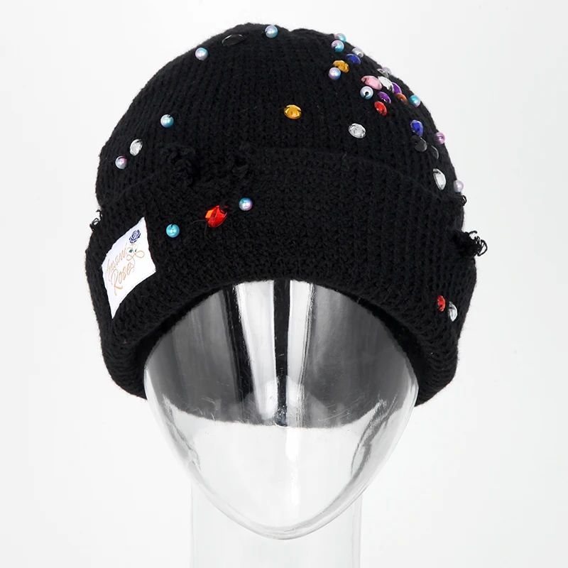 Distressed Style  Silky Satin Lining Inside Knit Winter Hat Rhinestone Beanie with Custom Logo Woven Label Patch