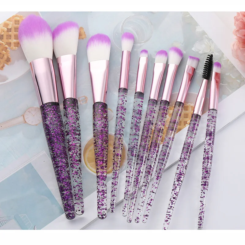 Free Sample 10Pcs Particle Clear Handle Quicksand Liquid Glitter Crystal Diamond Sparkle Makeup Brush Set with PVC packaging
